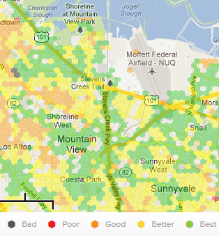 Verizon wireless coverage map, Silicon Valley