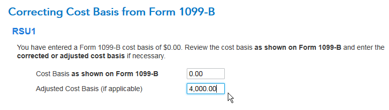 TurboTax Correcting Cost Basis from Form 1099-B RSU